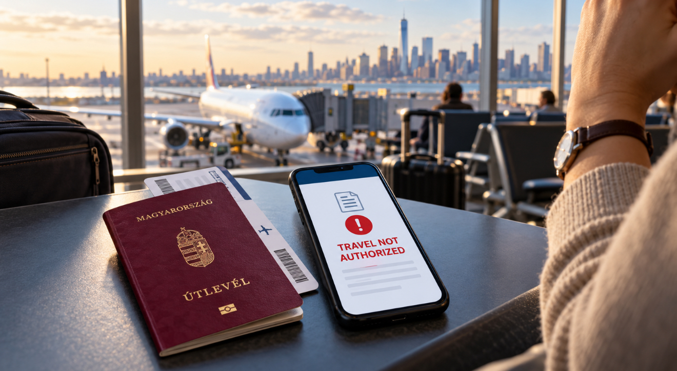Magyar útlevél, repülőjegy és telefonon megjelenő „Travel Not Authorized” ESTA-státusz egy repülőtéren, New York látképével a háttérben.