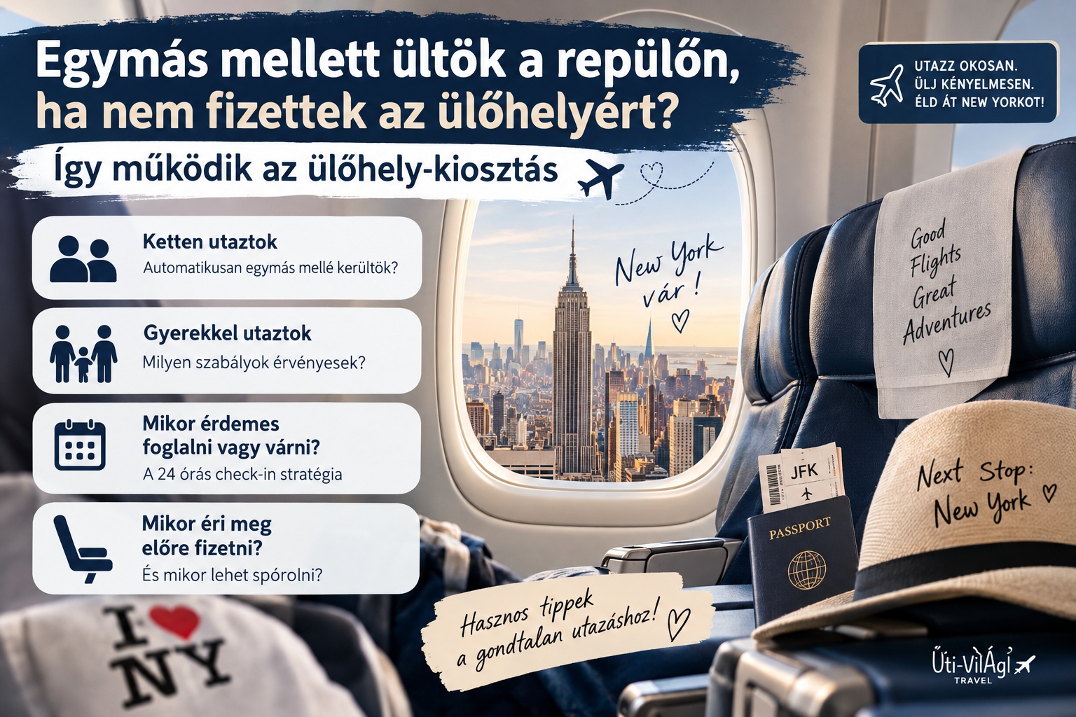 Repülőgépes ülőhely-választás és automatikus üléskiosztás bemutatása pároknak és családoknak, online check-in tippekkel New York-i repülőutakhoz.