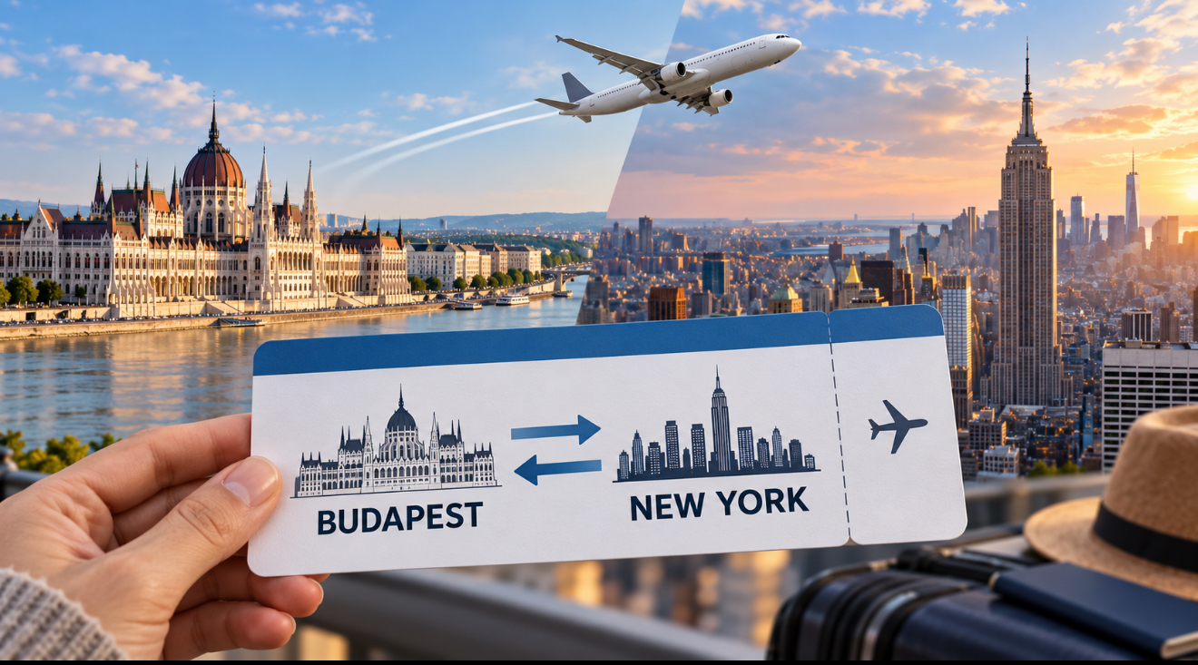 Budapest–New York oda-vissza repülőjegy repülőgéppel, a budapesti Parlamenttel és Manhattan látképével